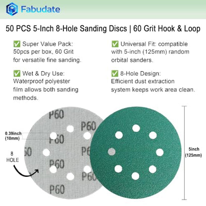 5 Inch 8 Hole 60 Grit Hook&Loop Wet/Dry Heavy-Duty Sanding Discs 50PK - size: 60 Grit