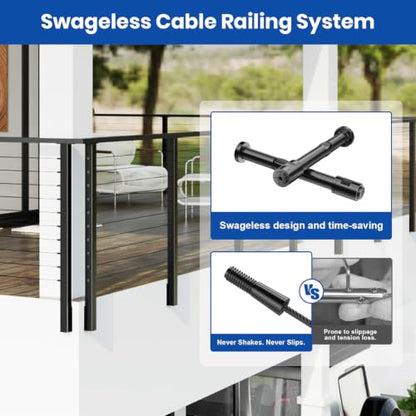 BLIKA 12-24FT Side Mount Cable Railing Post Kits 36 Inch,Black Space-Saving - color: Side Mount Level Kit (12–24FT, 300FT Cable)