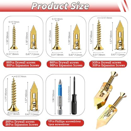 310pcs Self Drilling Drywall Anchors with Screws Kit- Heavy Duty Metal Expansion Bolts, 4 Sizes Sheetrock Anchors & Zinc Plated Steel Expansion Screws,No Drill Needed for TV Shelf Decor Frame Install