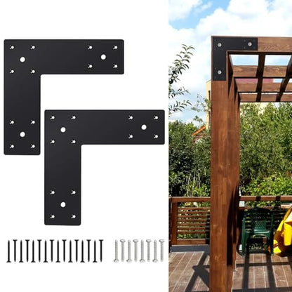 Pergola Flat Brackets 10" x 10",L-Shape Straight Joining Brackets for 4 x 4 or 6 x 6 Lumber,Heavy Duty Mending Plate for Gazebo,Porch,Truss Framing,Log Cabins- 2Pack - size: L-shape