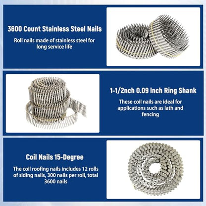 3600 Count Stainless Steel Coil Nails 15-Degree Collated Wire Coil Nails 1-1/2 Inch, 0.09 Inch Ring Shank ` - size: 1-1/2 Inch x 0.09 Inch