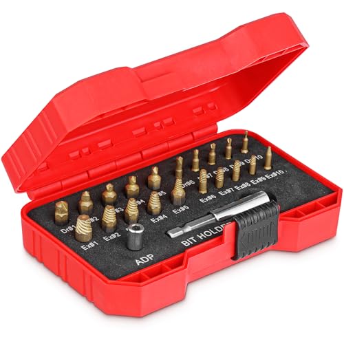 Titanium Screw Extractor Set for Stripped, Broken, Damaged Screws - 22 pc, Silver & Gold - Remover Kit with Drill Bits, Extractors, Bit Extension & Socket Adapter