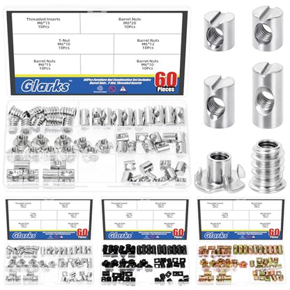 Glarks 60pcs M6 x 10/12/15/20mm Nickel Plated Barrel Cross Dowels Slotted Nut Kit, Includes 40pcs Barrel Nut, 10pcs M6x10mm 4-Pronged Tee Nut, 10pcs M6x15mm Hex Socket Threaded Insert Nuts - size: M6, style: 60pcs Silver Barrel Nut Set