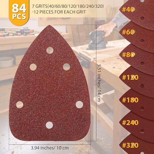 84Pcs Mouse Detail Sander Sandpaper, 6 Holes Triangle Sanding