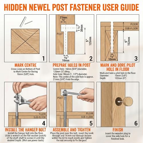 Newel Post Mounting Kit (1-Pack)：Fix Wobbly Stairs with Massive 11" Steel Anchors – Invisible Hardware Design for Wood & Concrete Floors – Includes Real Oak Wood Plugs for Residential & Commercial