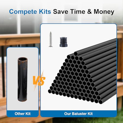 Black Aluminum Deck Balusters 26in x 3/4in, 100 Pack Spindles with Connectors & Screws, Powder-Coated Metal Baluster Replacement Kit for Deck Railing, No-Drill Easy Install - size: 26 Inch