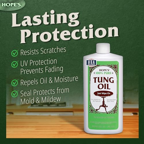HOPE'S 100% Pure Tung Oil, Food Safe, Premium Waterproof Natural Wood Finish and Sealer for Indoor and Outdoor Projects,16 Fl Oz, 2 Pack