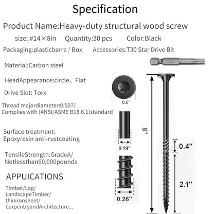 #14×8Inch Heavy Duty Outdoor Structural Screws, Rustproof Deck Screws, Star Driven Epoxy Wood Screws with T30 Drill Bit, No Pre-Drilling Required, for Woodworking Projects, 30Pcs - size: #14×8in