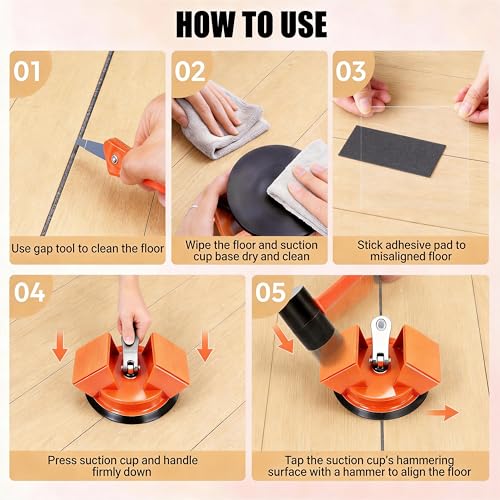 Floor Gap Fixer Tool Kit - Heavy Duty Floor Gap Repair Tool Set with Suction Cup and Rubber Mallet, Laminate Hardwood Vinyl Tile Floor Gap Closing Tool for Home DIY and Professional Use (ORANGE)
