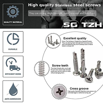 #8 x 5/8" Sheet Metal Screws 100Pcs 410 Stainless Steel Flat Head Tek Screws Fast Self Tapping Screws by SG TZH - size: #8 x 5/8"