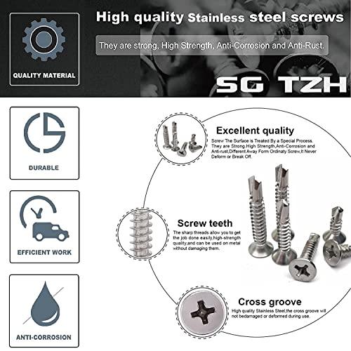#10 x 1" Sheet Metal Screws 100Pcs 410 Stainless Steel Flat Head Tek Screws Fast Self Tapping Screws by SG TZH - size: #10 x 1"