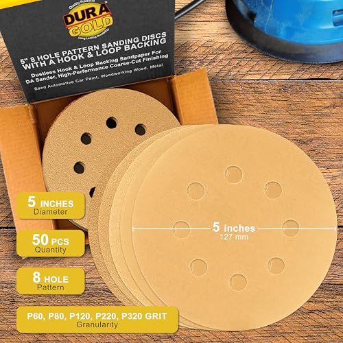 Dura-Gold 5" Gold Sanding Disc Grit Assortment, 8 Hole Pattern 10 Discs Ea - size: Variety Pack - Gold