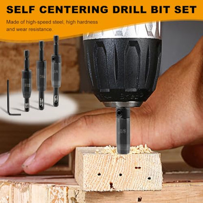 Self Centering Drill Bit Set for 1/4inch Clic-Change, 3pcs CC2430 3/32“, 7/64”, 1/8“ Carbon Steel Quick-Change Sturdy Self Centering Hinge Hex Drill Bit Set, #6 8 10