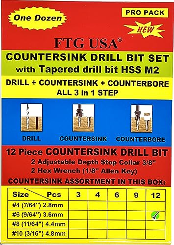 FTG USA 12 Pc #6 (9/64") Countersink Drill Bit Set with Tapered Drill Bits - size: #6, style: Same Sort 12 Pc