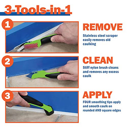 Warner Manufacturing 3-in-1 Caulk Tool for Easy Removal and Application, Scraper, Brush and Applicator,Green