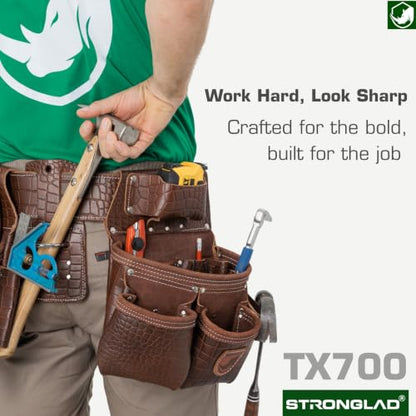 STRONGLAD Premium Embossed Top-Grain Leather, Carpenter Tool Belt - 21-Pocket Framing Tool Belt, Brown-Red Construction Gear with Stainless Steel Hardware