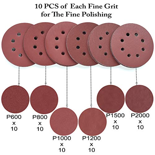 5-Inch 8-Hole Hook & Loop Sanding Discs 600-2000 Mixed Grit, 60-Pack