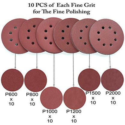 5-Inch 8-Hole Hook & Loop Sanding Discs 600-2000 Mixed Grit, 60-Pack