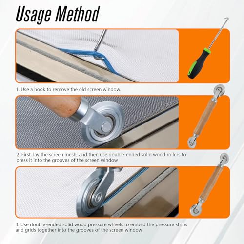 Screen Repair Tools, 6 in 1 Window Screen Installation Kit Include Screen Roller Spline Roller Tool, Spline Removing Hook, Rubber Strip Shovel for Installing and Replacing Window Patio Sliding Door