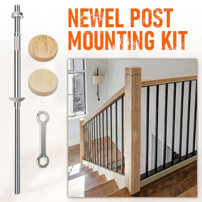 Newel Post Mounting Kit (1-Pack)：Fix Wobbly Stairs with Massive 11" Steel Anchors – Invisible Hardware Design for Wood & Concrete Floors – Includes Real Oak Wood Plugs for Residential & Commercial