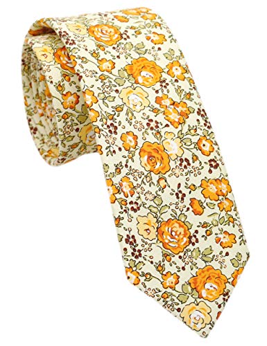 Cotton 2.5-Inch Skinny Floral Tie and Pocket Square Set for Men - color: Beige Orange