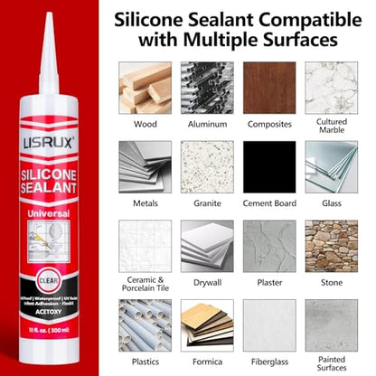 LISRUX Advanced Clear Silicone Caulk for Kitchen & Bathroom,10 fl oz Cartridge,1 Pack,100% Waterproof RTV Silicone Sealant,Stronger Adhesion,Shrink & Crack Proof - color: Clear, size: 1P