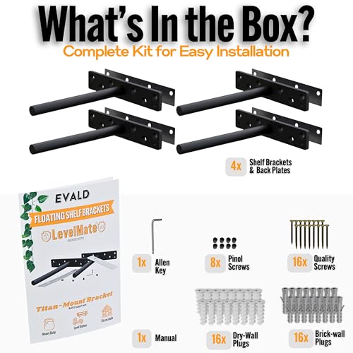 EVALD LevelMate™ Titan-Mount 6 Inch Floating Shelf Brackets, Heavy Duty Hidden Shelf Brackets for Floating Shelves, Black Carbon Steel Shelf Supports with Screws & Anchors (4 Pack) - size: 6 Inch, style: 4 Pack Titan-mount