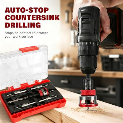 Countersink Drill Bits Set, Adjustable Depth Stop Collar, 5 HSS Wood Countersink & Counterbore Bits (1/8"–3/16") with Hex Shank, Countersink Bit with Wrench for 82 Degree Woodworking, Plywood and DIY