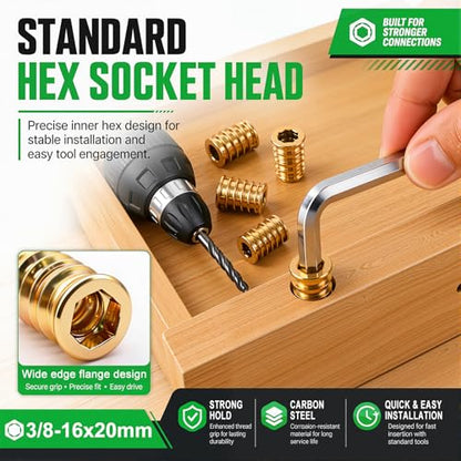 Twidec/22PCS 3/8-16 Threaded Inserts for Wood Furniture Screw-in Nut Wood Inserts Bolt Assortment Kit with Hex Wrench and Drill Bit(3/8-16x20mm) - size: 3/8"-16x20mm