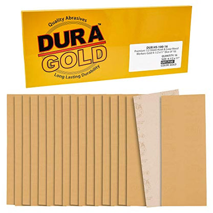 Dura-Gold Premium 1/2 Sheet Gold Sandpaper Sheets, 100 Grit (Box of 16) - size: 100-Grit