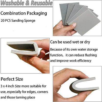Tonmp 20 PCS 3 x 4 Inch 400 Grit Sanding Sponge Set, Ultra Fine Sanding Sponges Pads, Soft Foam Hand Sander Block Wet Dry Sandpaper for Model Drywall Metal Wood Furniture Polishing (400 Grit) - style: 400 Grit