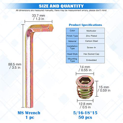 Glarks 50Pcs 5/16"-18 x 15mm Threaded Inserts Nuts Zinc Plated Carbon Steel Hex Socket Drive Furniture Flanged Screw-in Nut with M8 Hex Wrench for Wood Furniture (5/16''-18 x 15mm) - size: 5/16"-18 x 15mm