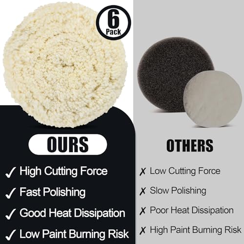 3 PCS Wool Buffing Polishing Pads 6 Inch, Natural Wool Cutting Pads with Hook and Loop Backing Compound & Polishing for Automotive Car Boats Glass Furniture Repair - size: 6" -3P