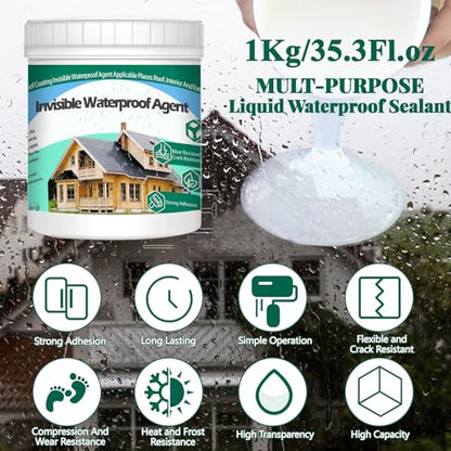 QUKLOGEN 1Kg/35.3Fl.oz Invisible Waterproof Agent Indoor&Outdoor Waterproof Coating Set Transparent Liquid Sealant with Wooden Brush Resistant Work Gloves Putty Shovel Cut - style: 1Kg/35.3Fl.oz