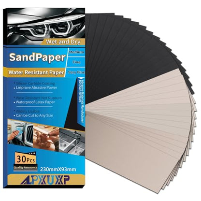 Wet Dry Sandpaper 30Pcs Ultra Fine Waterproof Sand Paper Sheets 9x3.6 Inch Include Grit 1000 1500 2000 3000 5000 10000 Sanding Paper for Wood Metal Automotive Polishing - style: 9 x 3.6 inches
