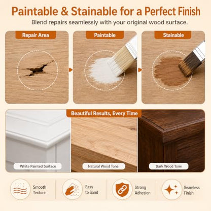 Wood Filler, 7.76 oz Paintable Wood Putty, Stainable, Shrink & Crack Resistant, Quick Repair for Cracks, Holes and Scratches on Wooden Furniture, Cabinets, Doors, Floors- Indoor & Outdoor(White)