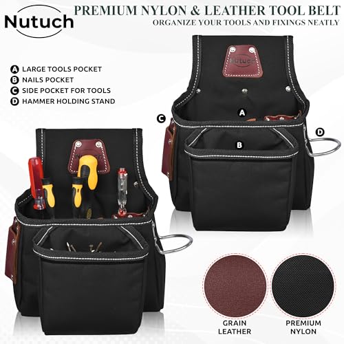 Nylon and Leather Tool Belt | Nylon Tool Pouch | Carpenter | Construction | Framers | Electrician Tool Belts | Drywall Tool Bags (BLACK)
