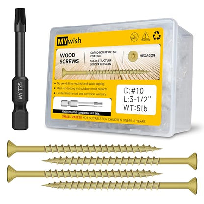 270Pcs Wood Screws #10 x 3-1/2" 5lb Box, 3-1/2 Inch Wood Screws, T25 Torx Drive Head, Outdoor Construction Screws, Rust Resistant, Long Exterior Wood Screw, Tan by Mywish - size: 5lb Box, style: #10 x 3-1/2"