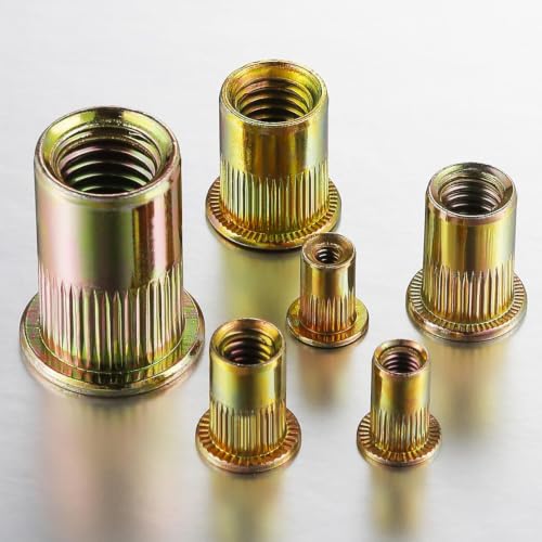Wensilon 200Pcs Rivet Nut M4 Metric Yellow Zinc Plated Finish Flat Head Rivnut Threaded Insert Nut Knurled Body - color: Yellow, size: Metric M4