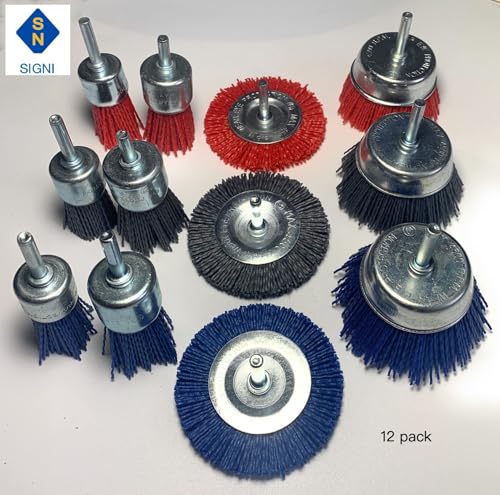 Signi 12 Pack Nylon Bristle Filament Abrasive Brush Drill Wheel and Cup Brush Set with 1/4 Inch Shank, Surface prep Remove Rust/Corrosion/Paint (3" Wheel, Straight Shank) - style: 3" wheel