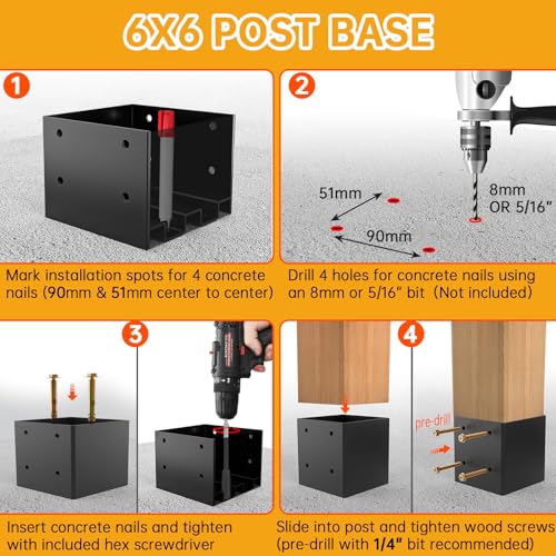 6x6 Post Base for Concrete Heavy Duty（4PCS Extra-Thick 3mm Steel - size: 6x6 post base (4 PCS)
