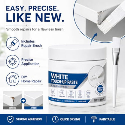 White Touch Up Paste with Brushes, White Wood & Wall Repair Filler Cream