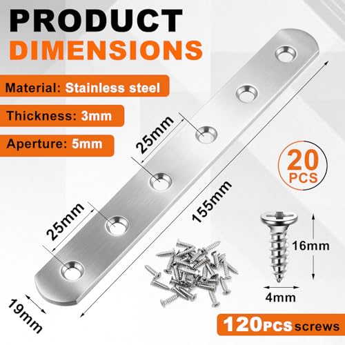 Zonon 20 Pcs Silver Flat Mending Plate 6" Stainless Steel Bracket - color: Silver, size: 6 Inch