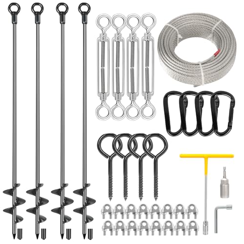 4 Pcs 30" Ground Anchors Heavy Duty Shed Anchor Kit with 3/16 Galvanized Cable & Turnbuckles, Triple-Turn Helix Earth Anchors for Carport Canopy Gazebo Trampoline Swingset Mobile Home - size: 4 PCS