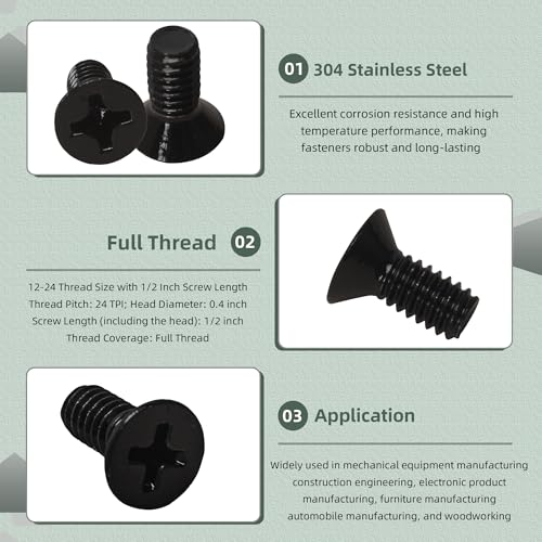 100 Pack 12-24 x 1/2" Black Flat Head Machine Screws, Full Thread - color: Black