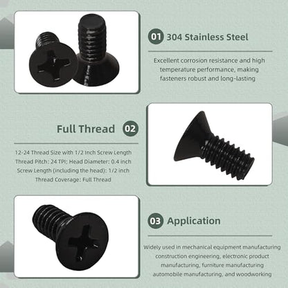 100 Pack 12-24 x 1/2" Black Flat Head Machine Screws, Full Thread - color: Black