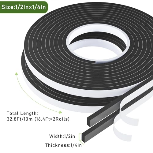 Weather Stripping Door Seal Black,Self Adhesive Foam Tape,Window Insulation Weatherproof Gasket Tape for Doors and Windows,1/2 Inch Wide X 1/4 Inch Thick,2 Rolls Total 32.8Ft - size: 1/2Inx1/4Inx16.4Ft,2Roll