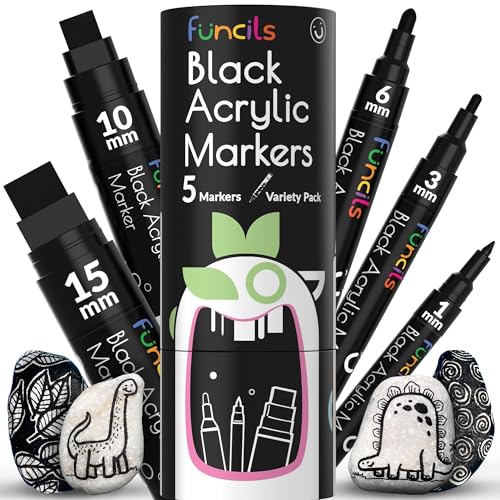 5 Black Acrylic Paint Marker Pens for Rock Painting, Wood, Glass - color: Black