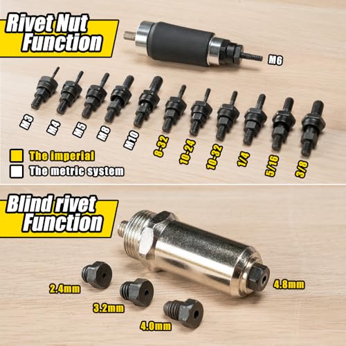 Rivet Nut Tool, Electric Drill Adapter Rivet & Rivet nut Two Functions Rivnut Tool Kit,Including 12 Rivet Nut Mandrels and 4 Rivet Heads