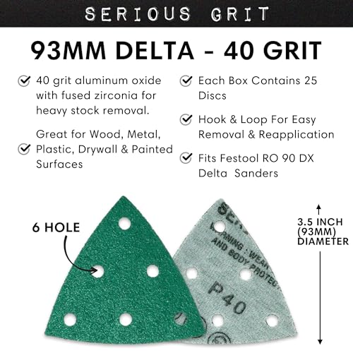 Serious Grit - 93mm 6-Hole P40 Grit Triangle Sanding Sheets - 25 Pack Box - style: 40 Grit